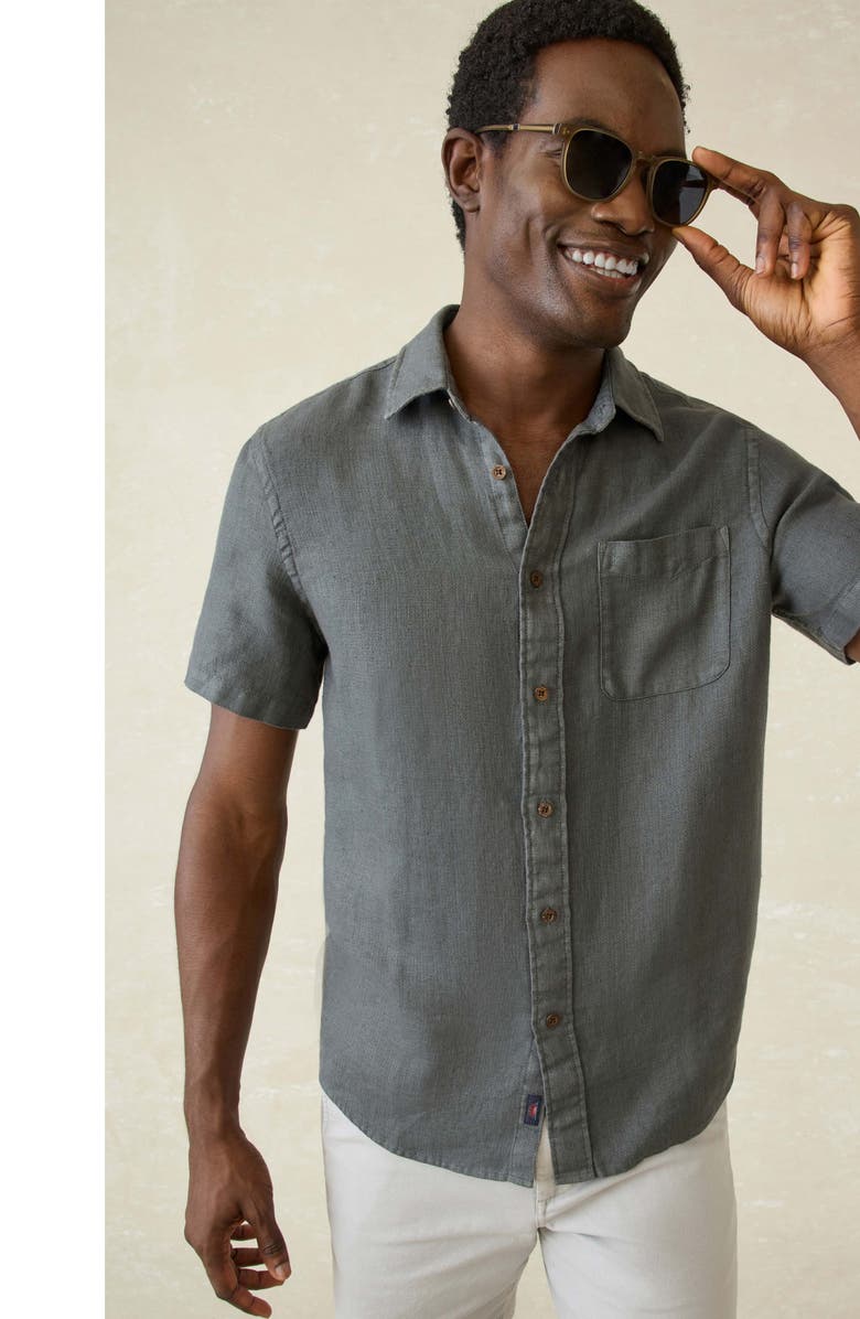 Faherty Palma Linen Short Sleeve Button-Up Shirt, Alternate, color, Washed Black Basketweave