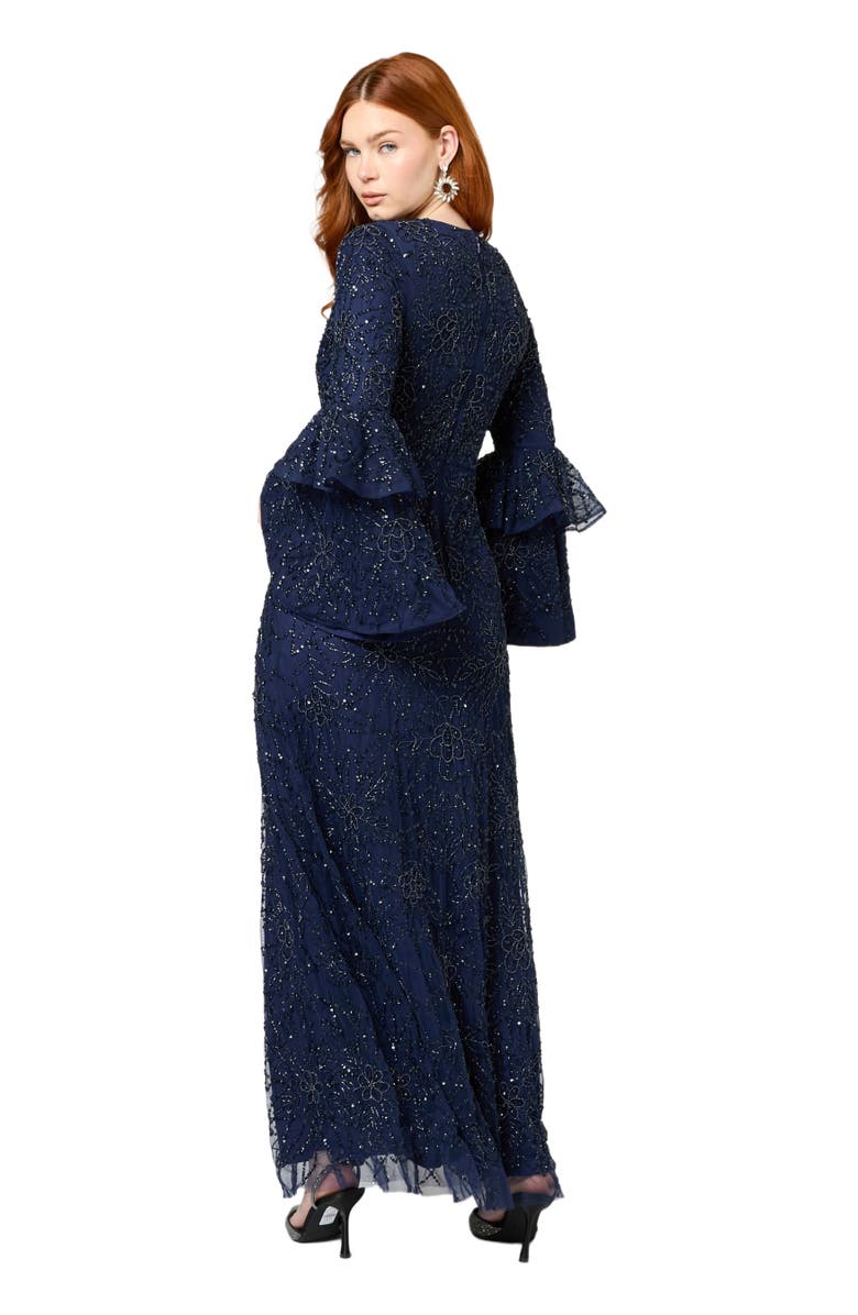 MARYISA Modest Embellished Sequin Beaded Maxi Dress With Frilled Sleeves, Alternate, color, Mid Night Blue