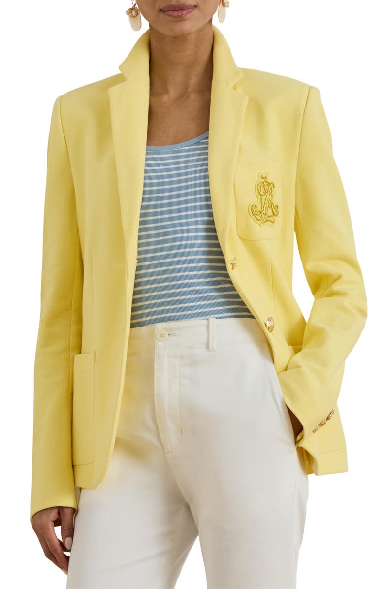 Lauren Ralph Lauren Logo Patch Slim Fit Stretch Cotton Blazer, Main, color, Lemon Sorbet Yellow