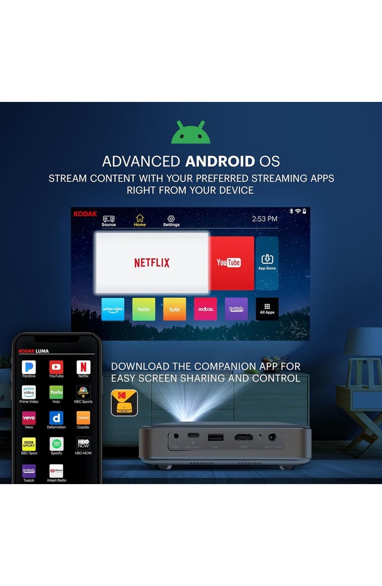 Kodak Luma 400 Smart Projector, HD Portable Pico Projector with Remote, Tripod 
Carrying Case, Alternate, color, White