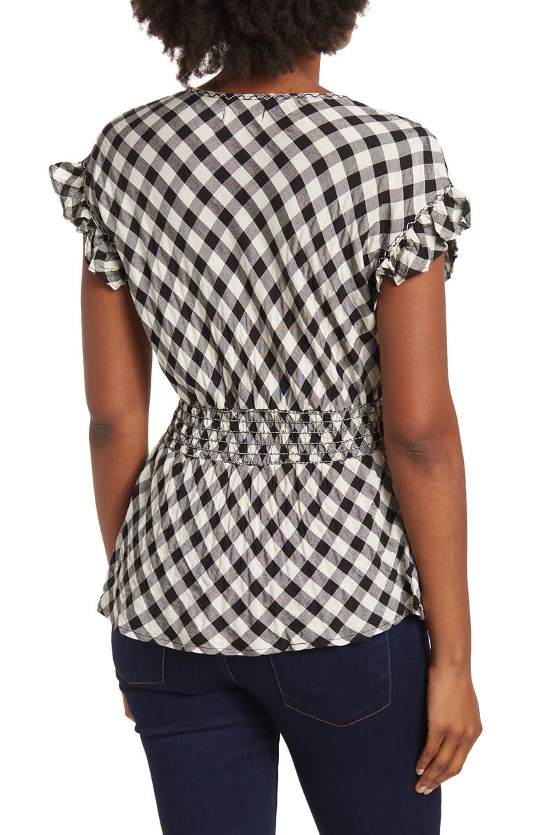 MAX STUDIO Gingham Smocked Waist Flutter Blouse, Alternate, color, Black