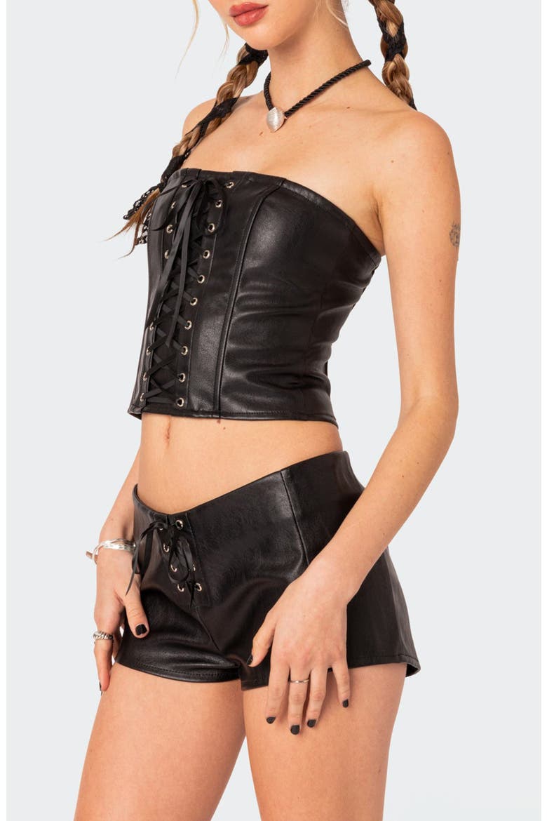 Wilde Faux Leather Lace-Up Strapless Corset Top, Alternate, color, BLACK