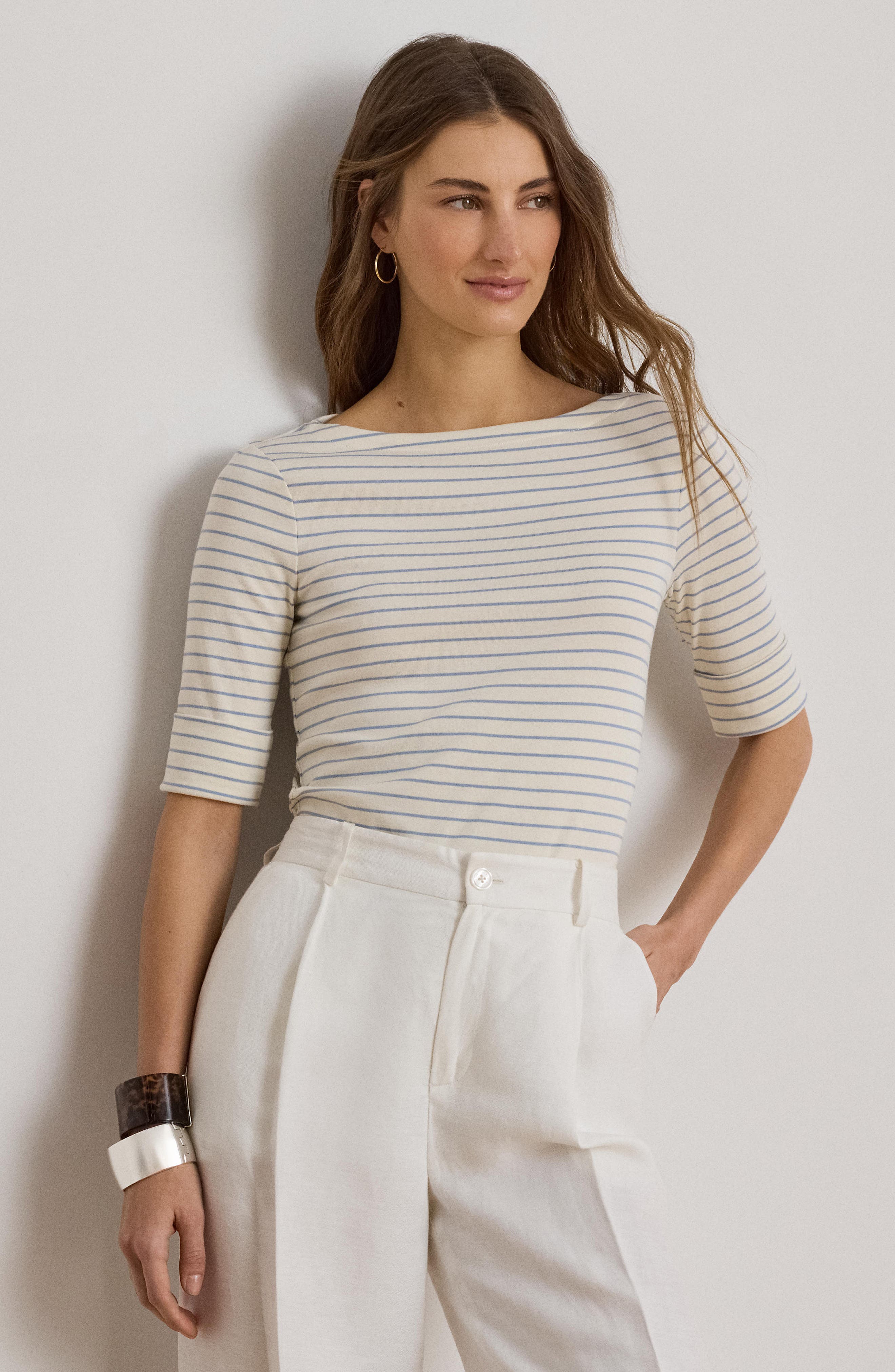 Stripe Stretch Cotton Boatneck Top - image 2