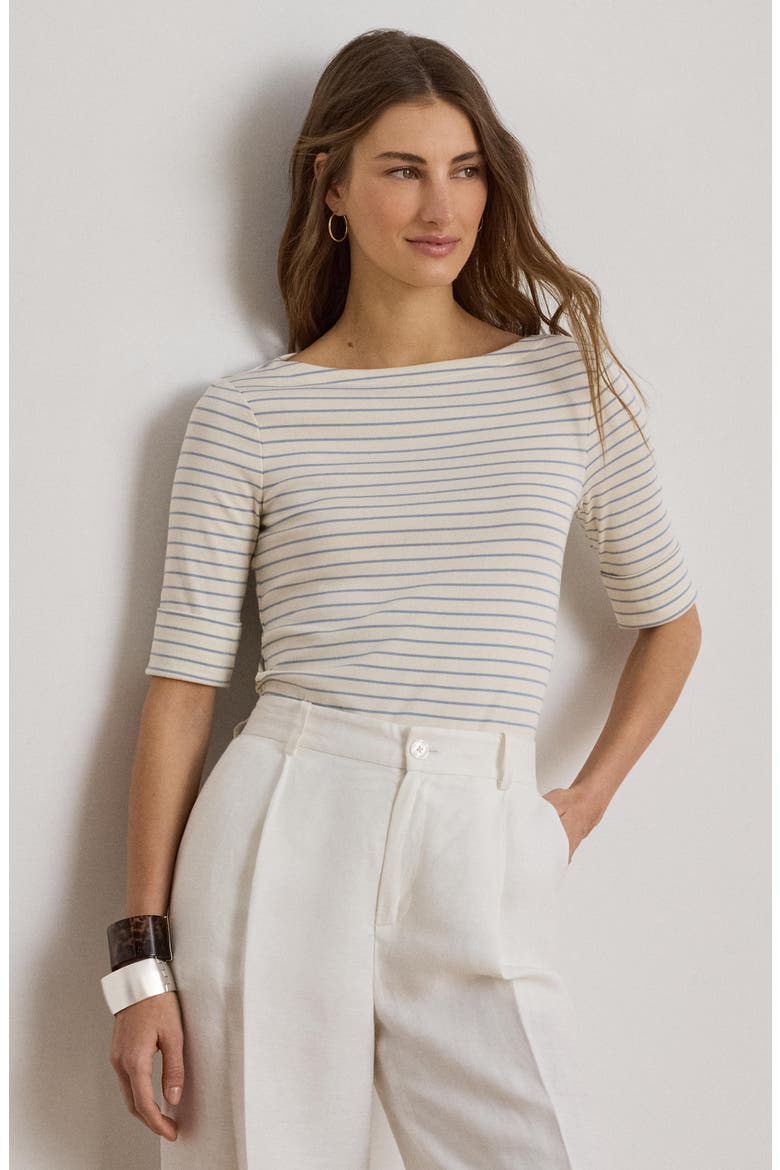 Stripe Stretch Cotton Boatneck Top, Alternate, color, CREAM/ DUSTY SKY