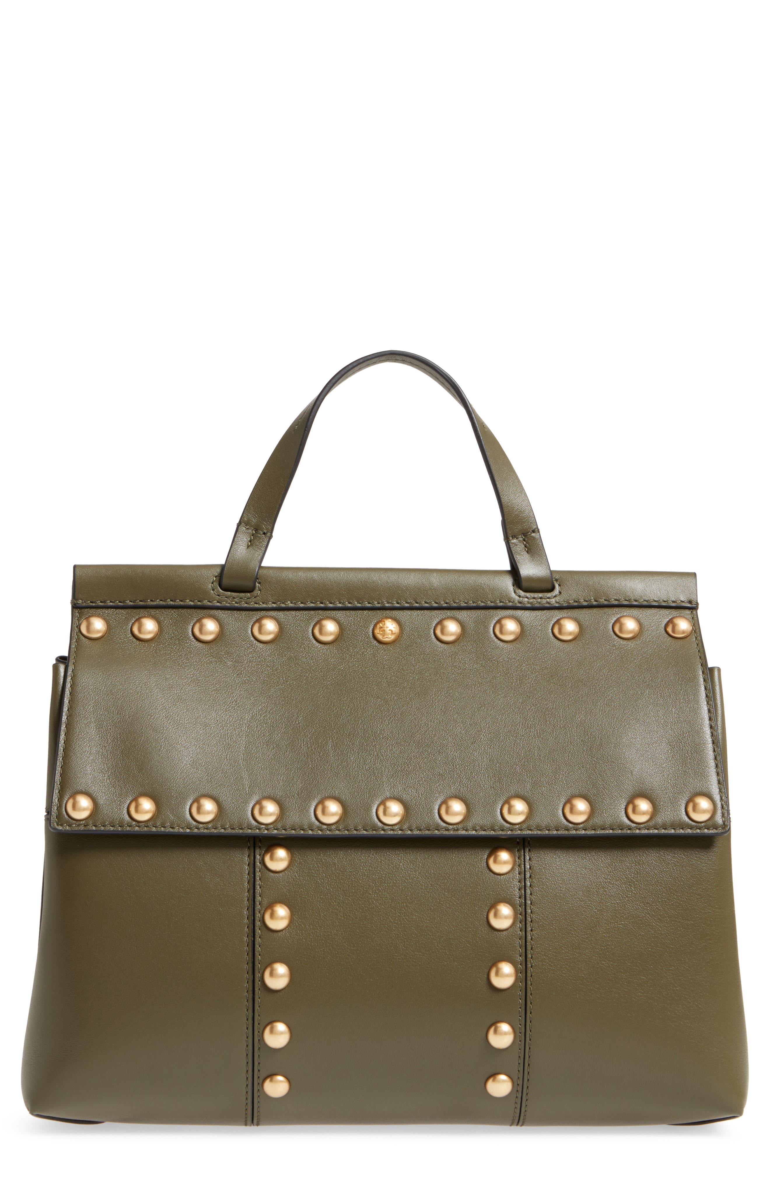 Tory Burch Block-T Studded Leather Top Handle Satchel, Main, color, 