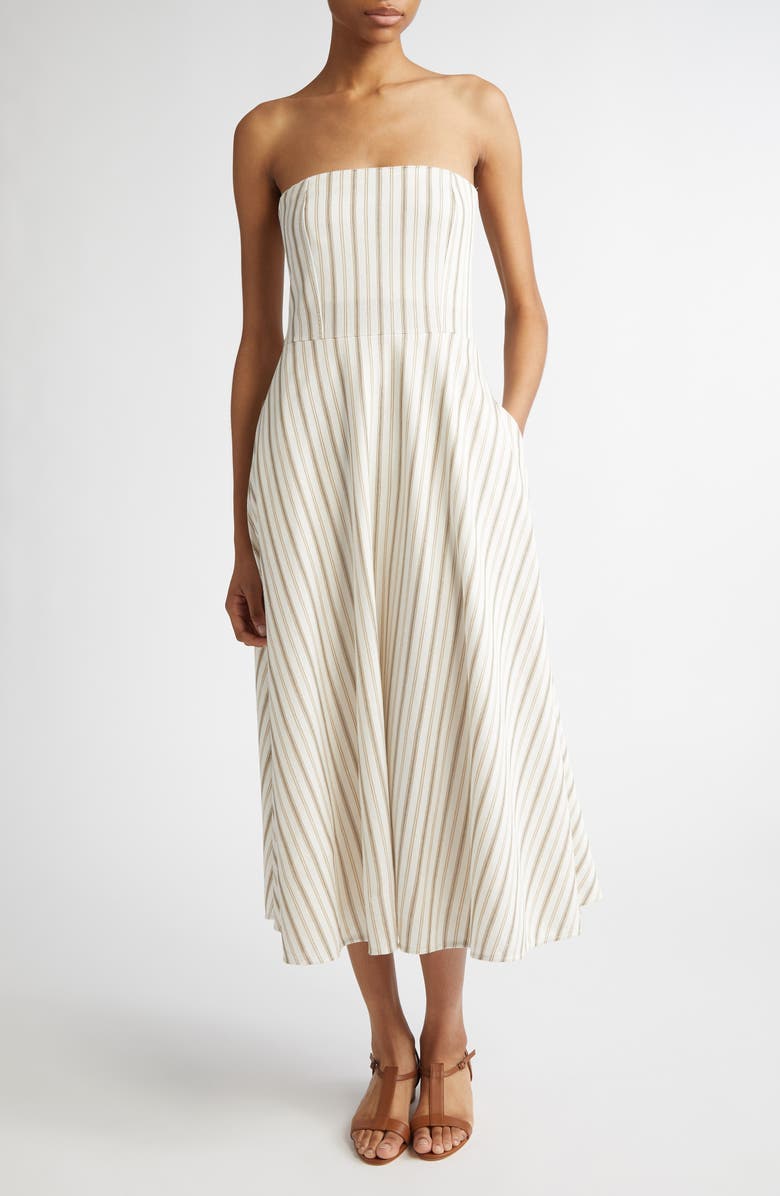 Max Mara Fervida Stripe Bustier Cotton & Linen Midi Dress, Main, color, Sand