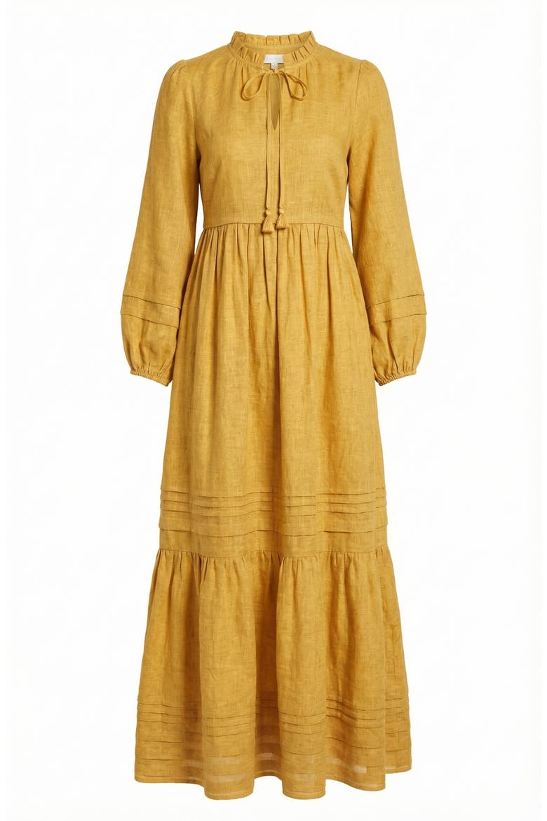 Midi Shirred Neckline Tie Front Long Sleeve Tiered Hem Dress, Alternate, color, Mustard Yellow
