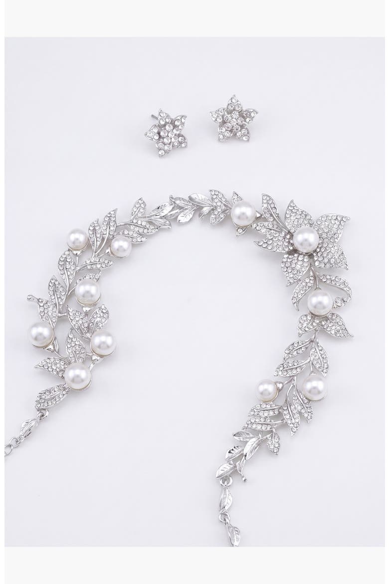 Pearl Crystal Sharp Petal Necklace and Earring Set, Alternate, color, Silver