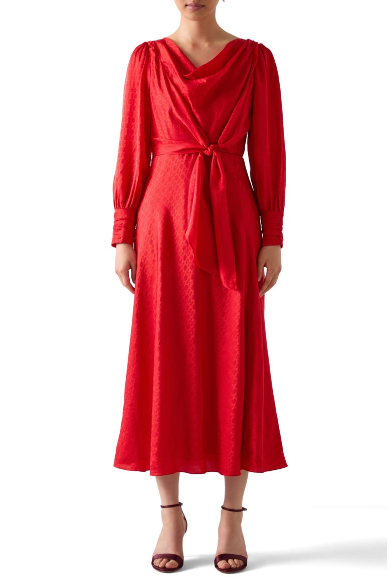 Lainey Tie Waist Long Sleeve Maxi Dress, Main, color, RED
