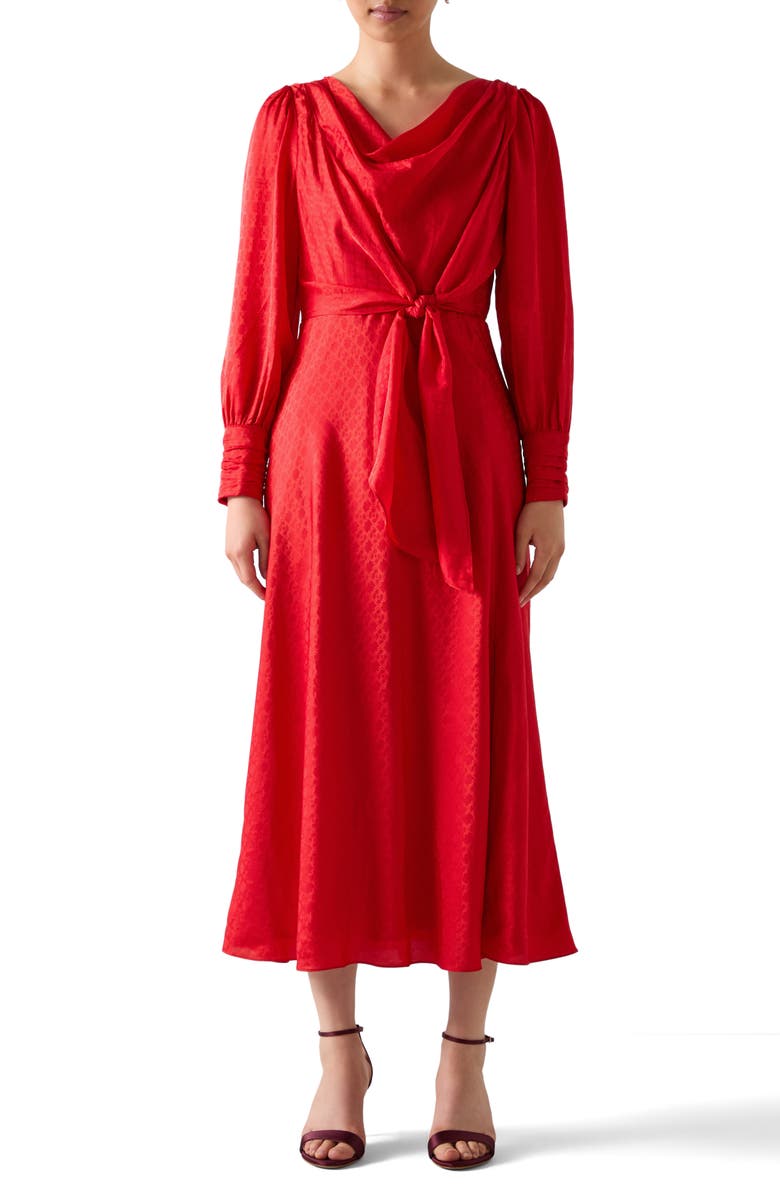 LK Bennett Lainey Tie Waist Long Sleeve Maxi Dress, Main, color, Red