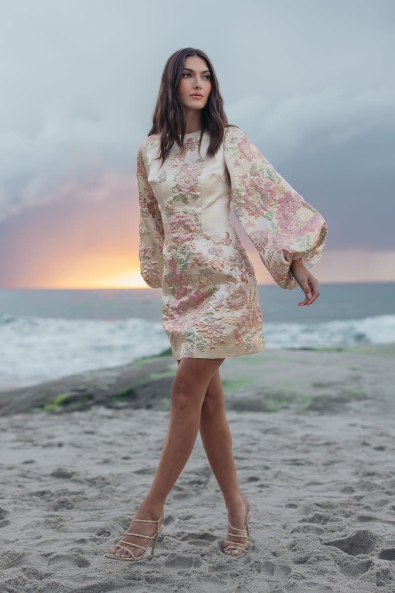 Brocade High Neck Long Bishop Sleeve Mini Dress, Alternate, color, Champagne Multi