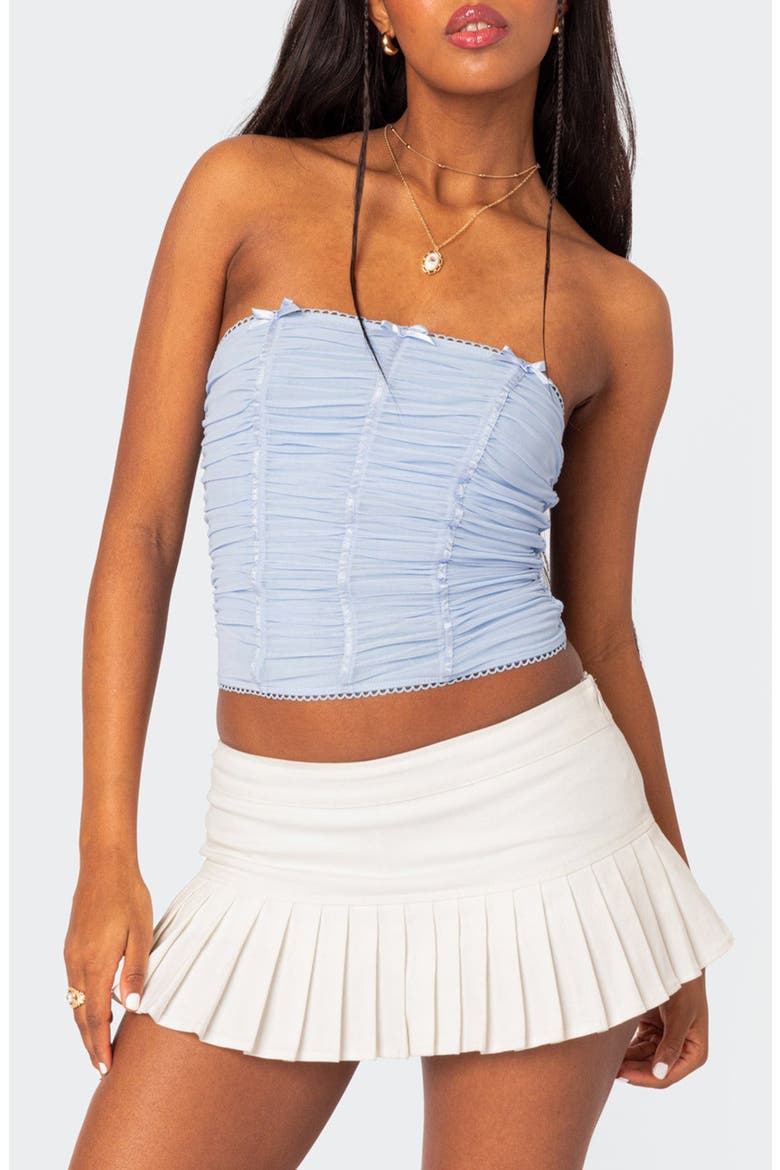 Veronika Strapless Ruched Mesh Top, Main, color, LIGHT-BLUE