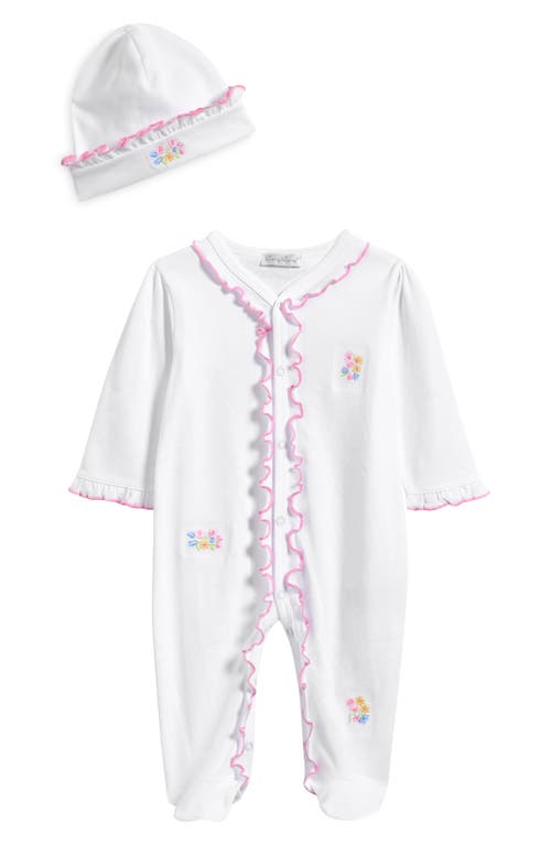 Kissy Kissy Ruffle Pima Cotton Footie & Hat Set In White/pink