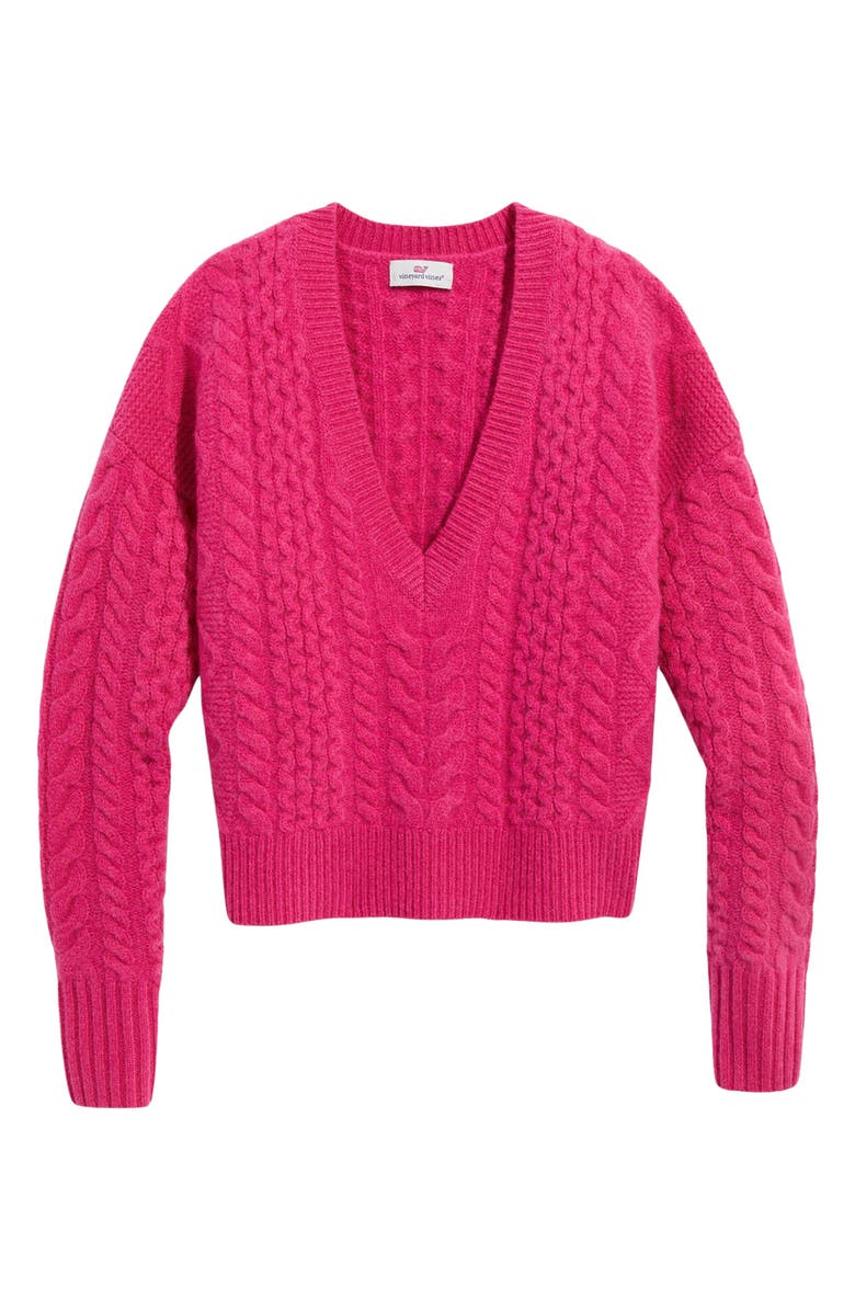 vineyard vines Cable Knit V-Neck Merino Wool Crop Sweater, Alternate, color, 