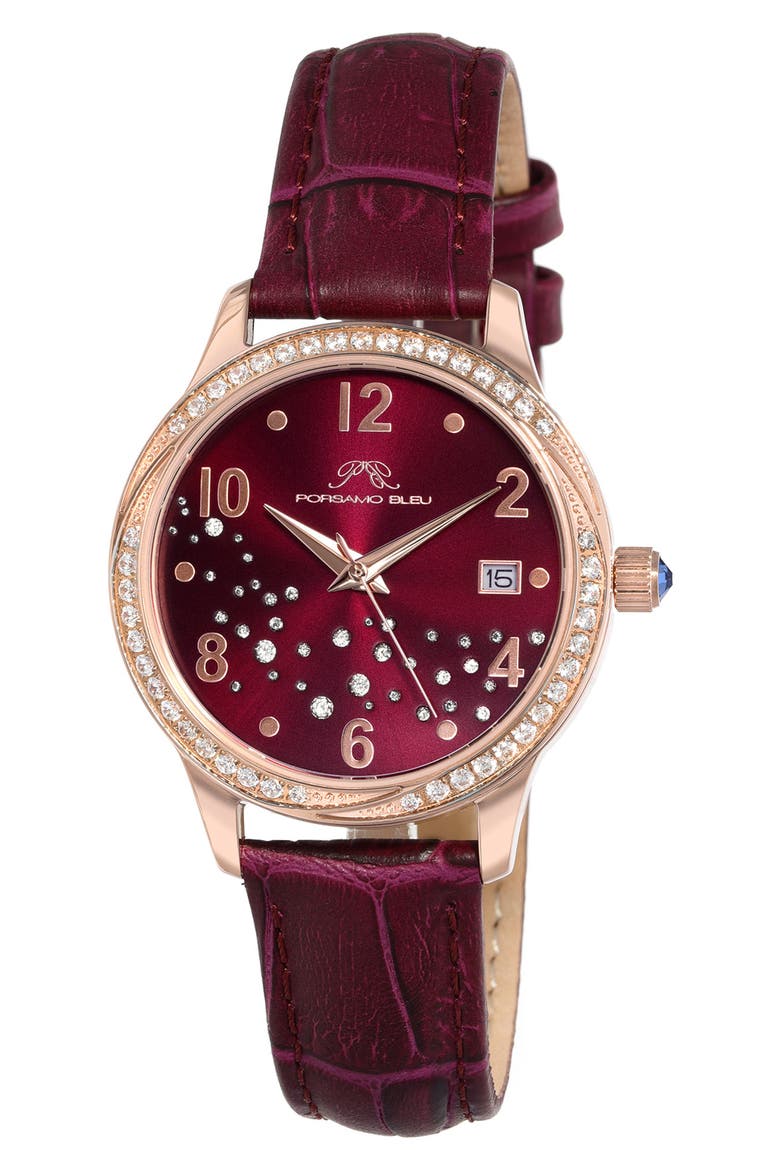 Ruby Sunray Croc Embossed Leather Strap Watch, 34mm, Main, color, ROSE/MERLOT