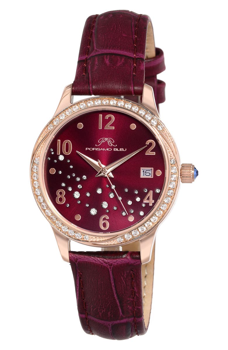 PORSAMO BLEU Ruby Sunray Croc Embossed Leather Strap Watch, 34mm, Main, color, 