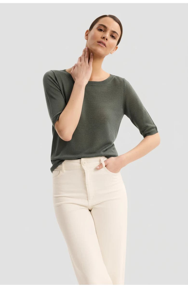 Majestic Filatures Stretch Linen Knit Three Quarter Sleeve Boatneck Shirt, Main, color, Agave