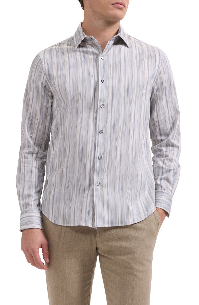 Bugatchi Julian Shaped Fit Brushstroke Stripe Print Stretch Cotton Button-Up Shirt, Main, color, Shark