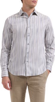 Bugatchi Julian Shaped Fit Brushstroke Stripe Print Stretch Cotton Button-Up Shirt
