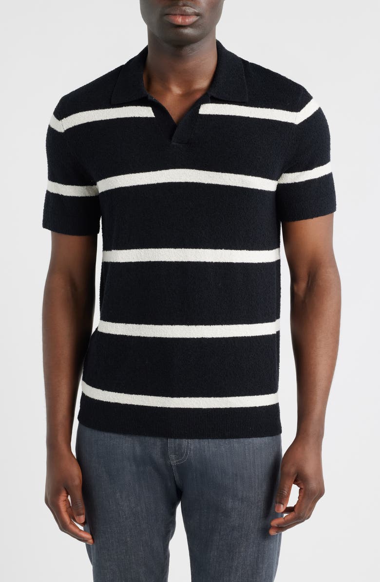 Nordstrom Johnny Collar Short Sleeve Bouclé Sweater Polo, Main, color, Black Cooper Stripe