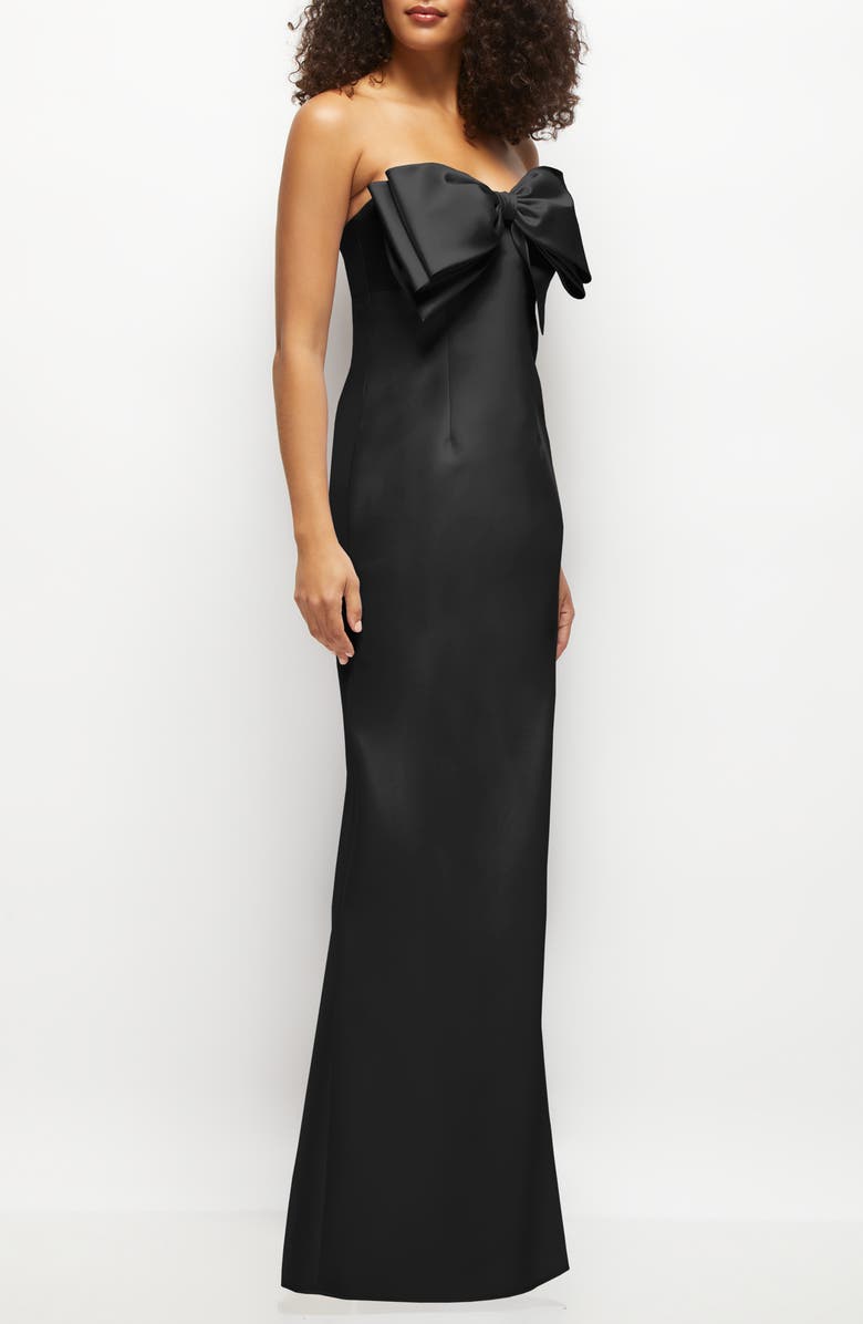 Alfred Sung Bow Detail Strapless Satin Twill Column Gown, Alternate, color, Black