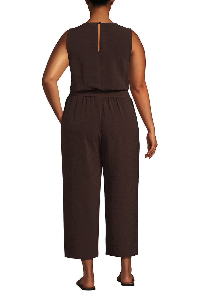 Plus Size Sleeveless Creaseless Wrap Jumpsuit with Smocked Waist, Alternate, color, Rich Seal Brown