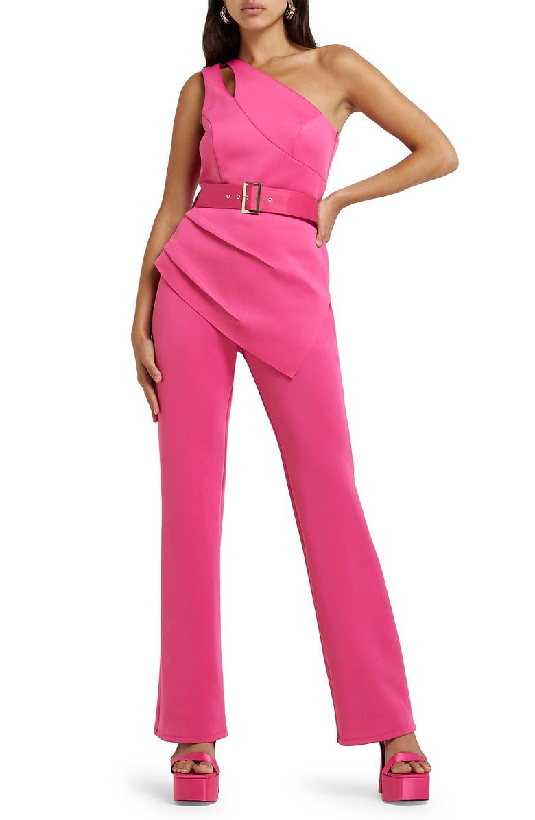 River Island Belted One-Shoulder Sleeveless Jumpsuit, Main, color, Pink