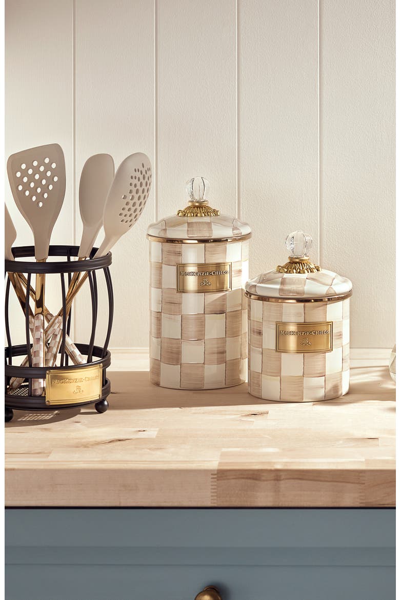 Mocha Check Large Enameled Steel Canister, Alternate, color, MOCHA