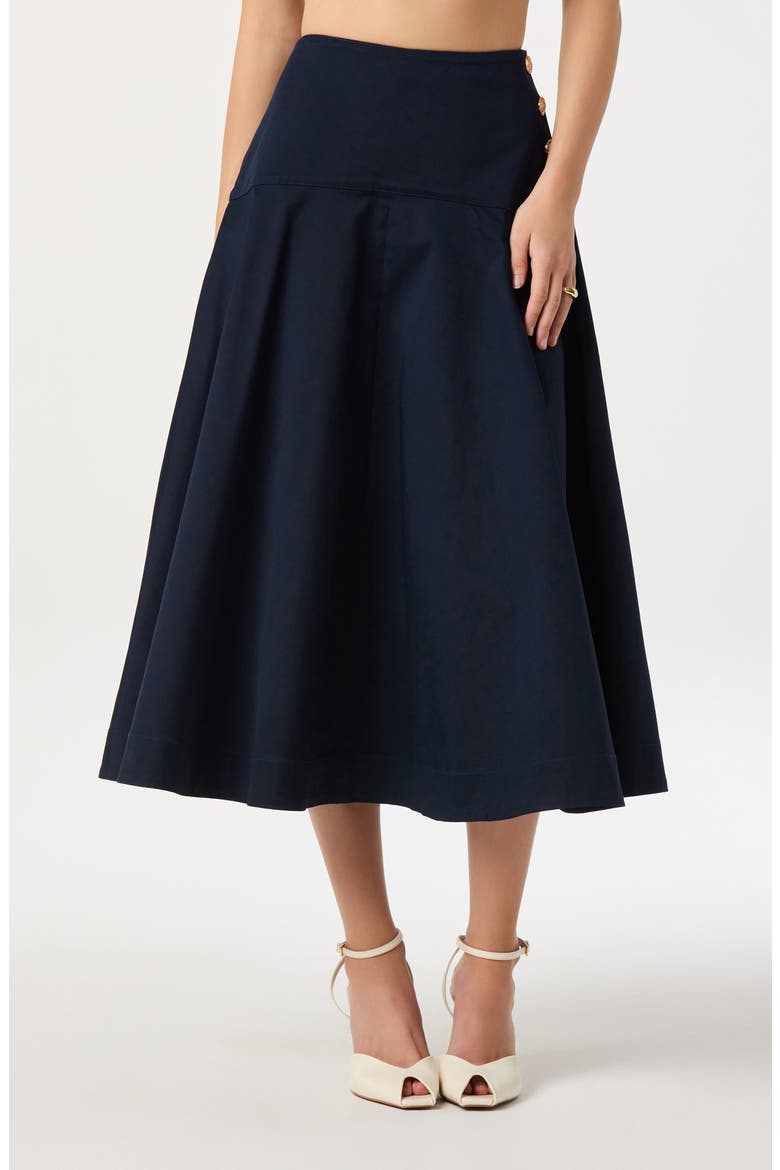 Drop Waist Stretch Cotton Midi Skirt, Main, color, NAVY