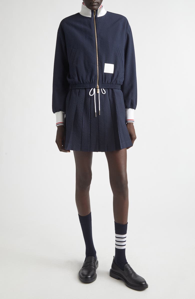 Thom Browne Pleated Wool Seersucker Miniskirt, Alternate, color, Navy