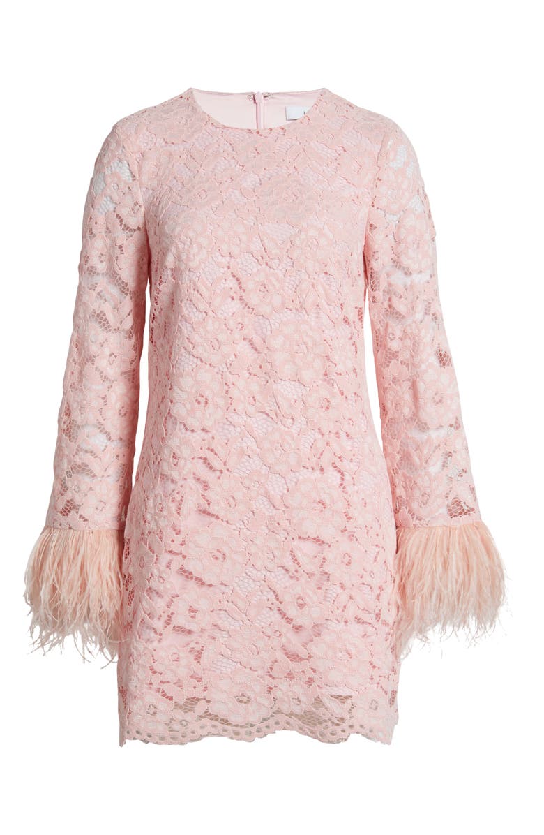 LIKELY Lorie Feather Trim Long Sleeve Lace Minidress, Alternate, color, 