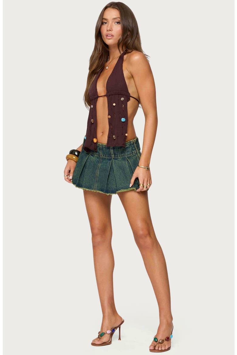 Beaded Distressed Split Front Halter Top, Alternate, color, BROWN