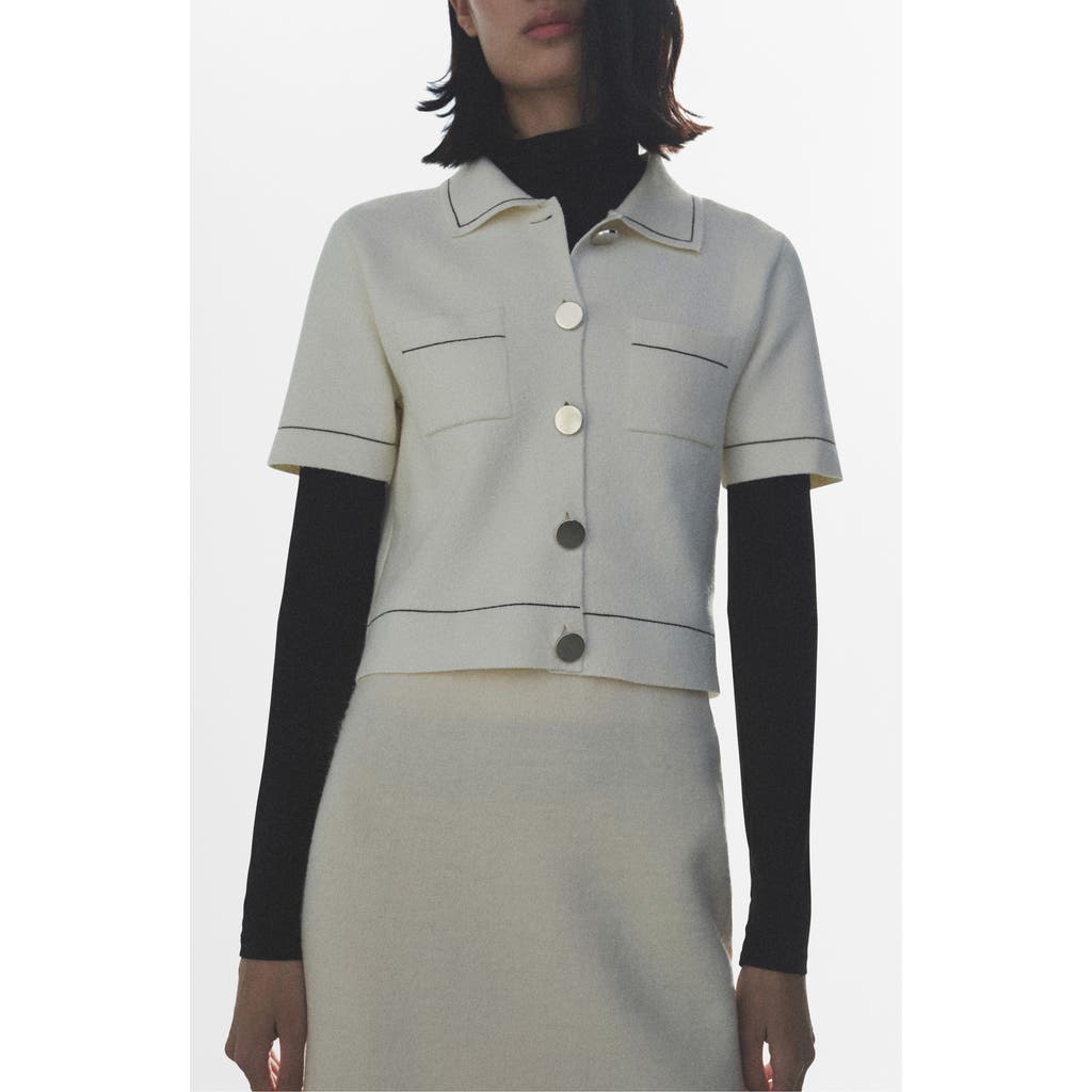 Shop Mango Contrast Trim Crop Cardigan In Ecru