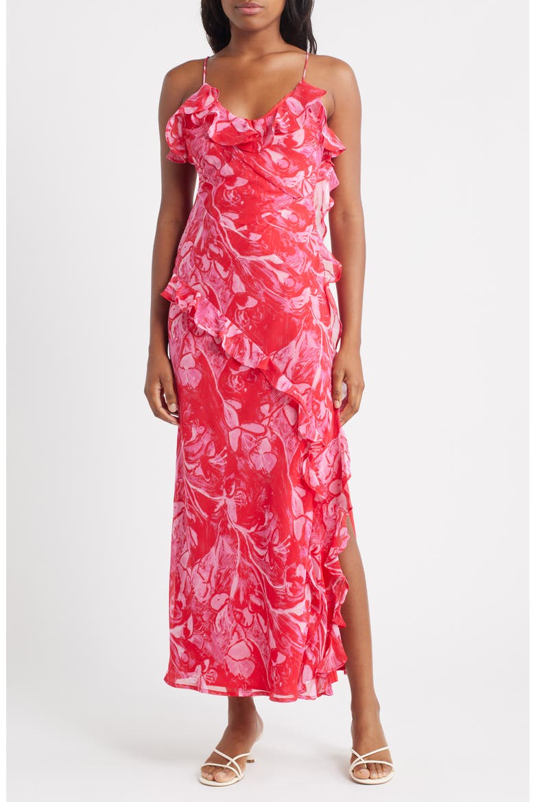 topshop pink ruffle dress Topshop ruffle midi slip dress in pink abstract floral