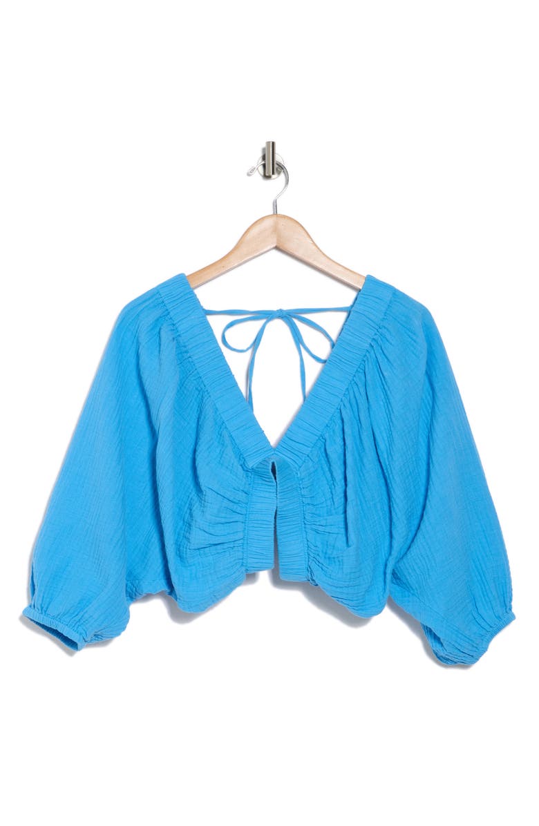 Elan Three-Quarter Balloon Sleeve V-Neck Cover-Up Top, Alternate, color, Sky Blue