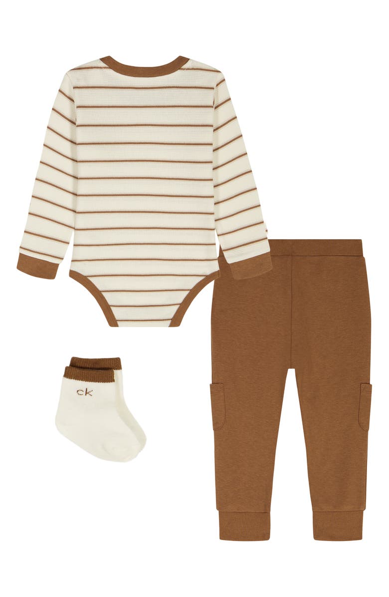 Calvin Klein Stripe Bodysuit, Joggers & Socks Set, Alternate, color, Brown
