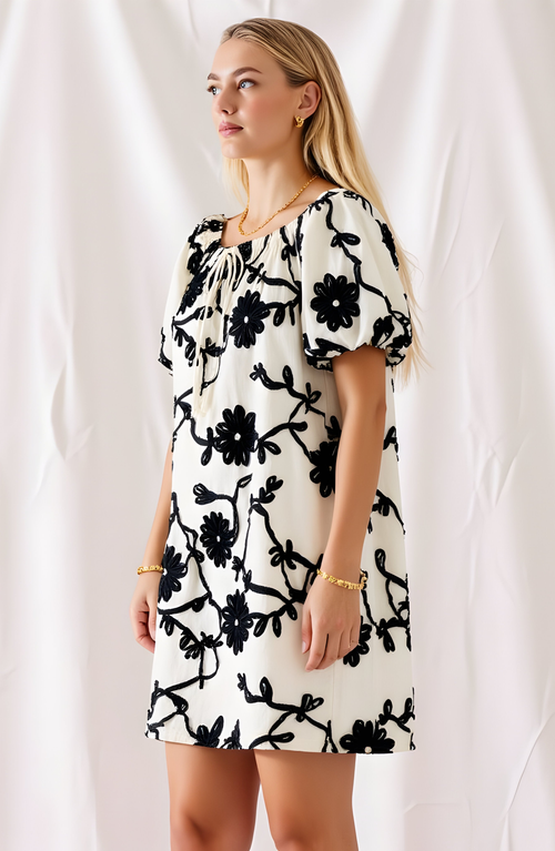 Modenaire Textured Floral Mini Dress With Puff Sleeves And Tie Neckline In Multi