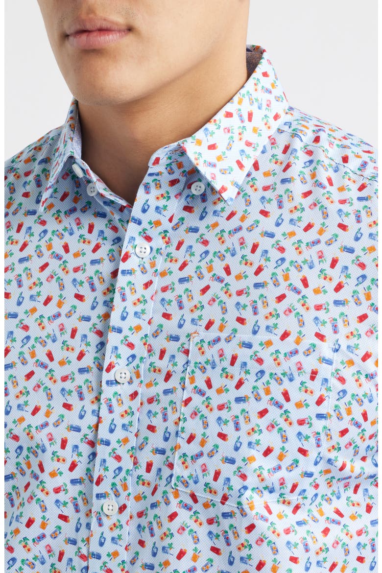 Logan Cocktail Print Short Sleeve Cotton Blend Button-Up Shir, Alternate, color, BLUE MULTI HAPPY HOUR