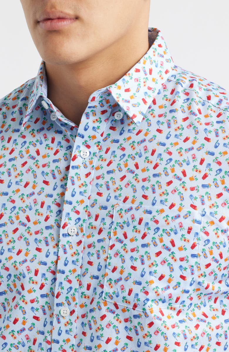 Johnston & Murphy Logan Cocktail Print Short Sleeve Cotton Blend Button-Up Shir, Alternate, color, Blue Multi Happy Hour
