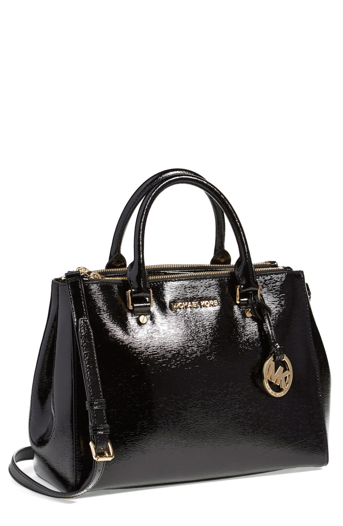 'Medium Sutton' Bark Embossed Patent Leather Satchel, Main, color, BLACK