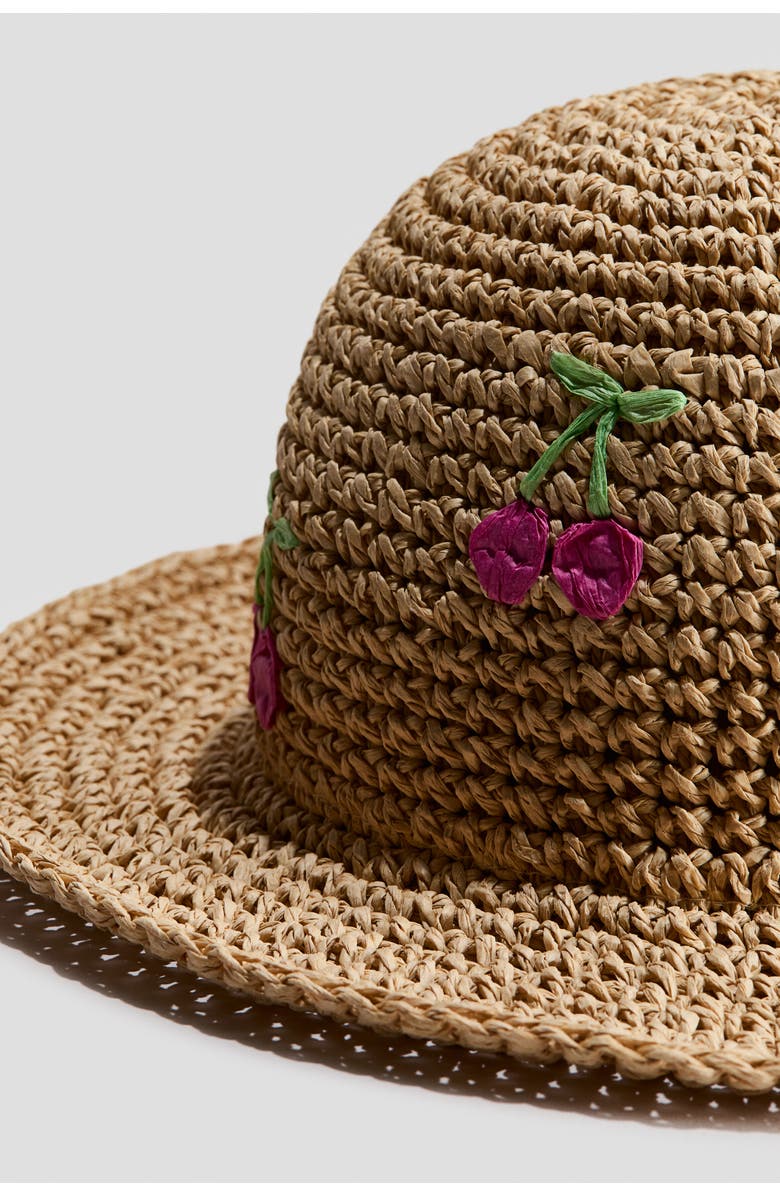 H&M Appliquéd Straw Hat, Alternate, color, Beige/Cherries