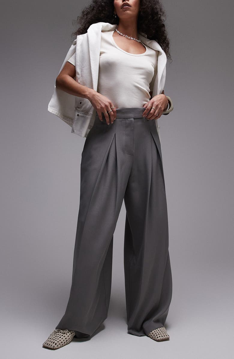 Topshop Pleated High Waist Wide Leg Trousers, Main, color, Grey