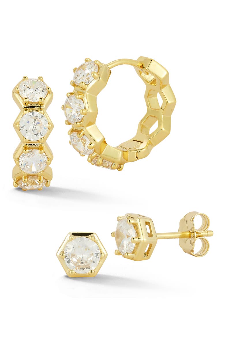 Hexagon Cubic Zirconia Hoop & Stud Earrings Set, Main, color, GOLD