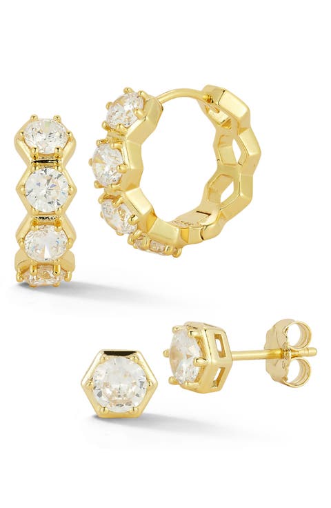Hexagon Cubic Zirconia Hoop & Stud Earrings Set