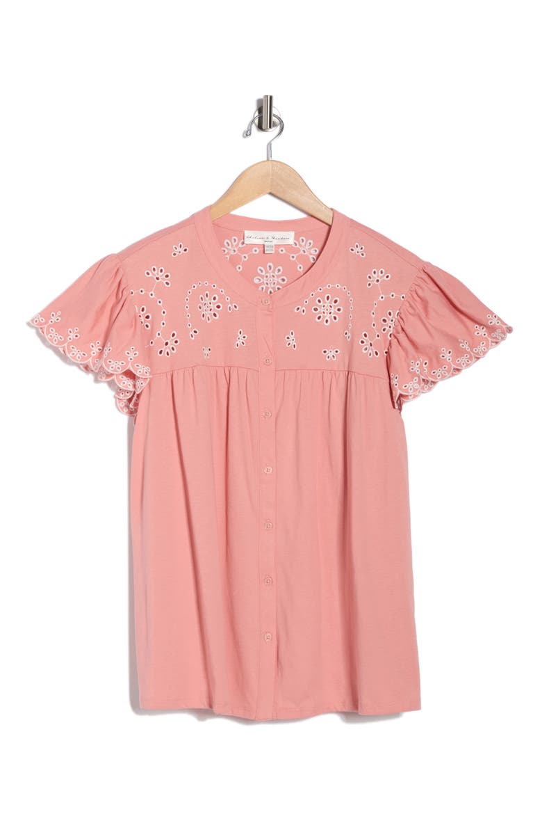 Eyelet Embroidery Flutter Sleeve Top, Alternate, color, ROSETTE/ WHITE