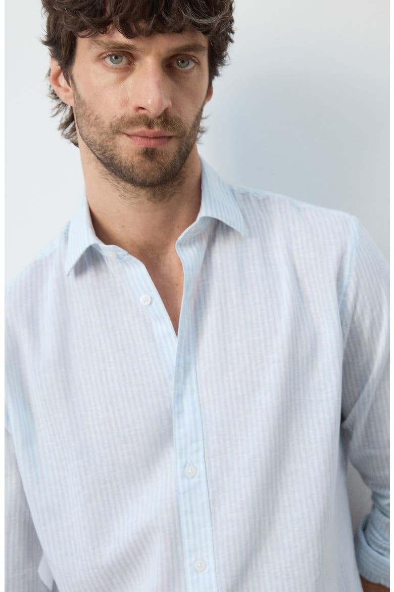 Regular Fit Stripe Cotton & Linen Button-Up Shirt, Alternate, color, SKY BLUE