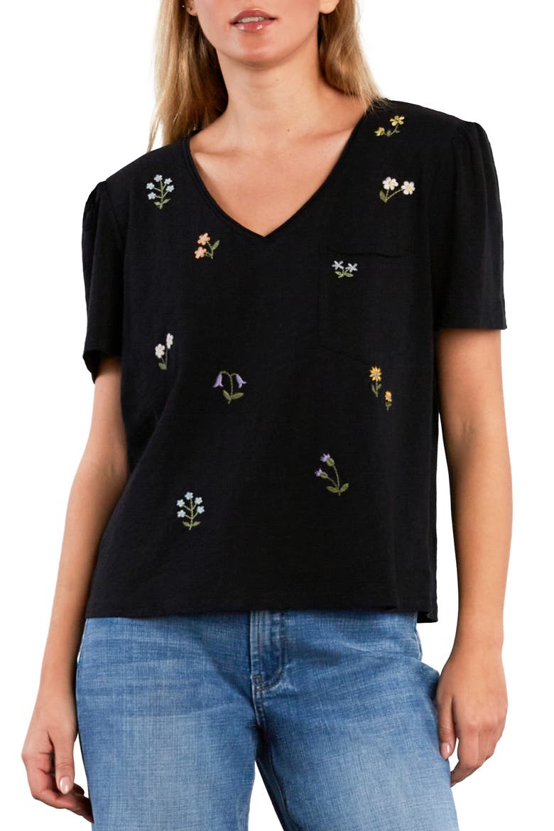 Wild Meadow Embroidered Puff Sleeve Cotton T-Shirt, Main, color, BLACK BEAUTY