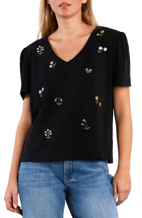 Wild Meadow Embroidered Puff Sleeve Cotton T-Shirt