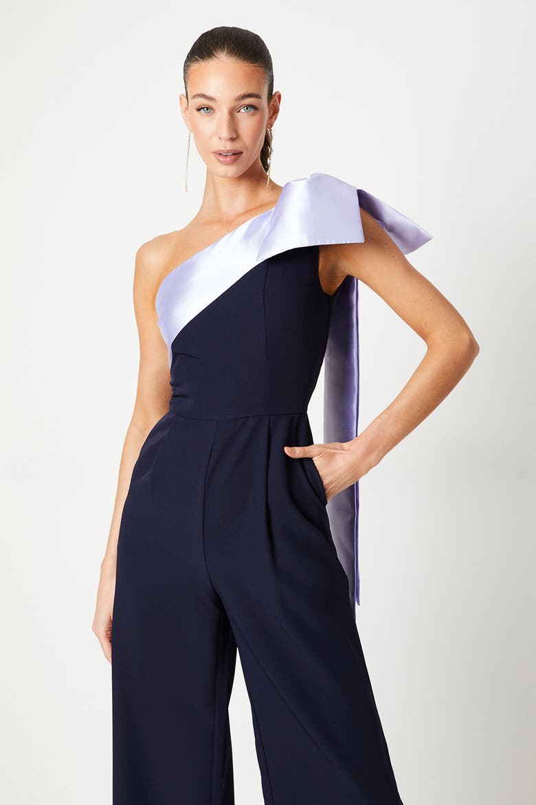 Bow One Shoulder Wide Leg Jumpsuit, Alternate, color, Navy