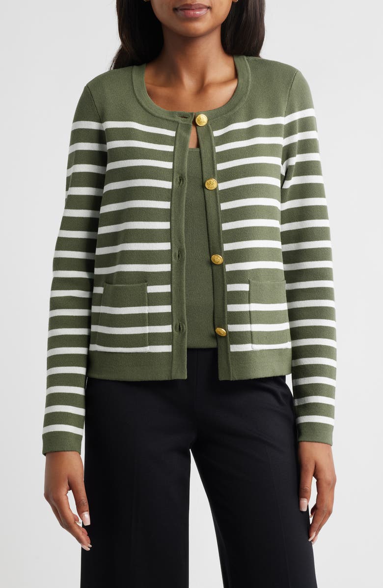 Tahari ASL Stripe Cardigan, Main, color, Martini Olive Ivory